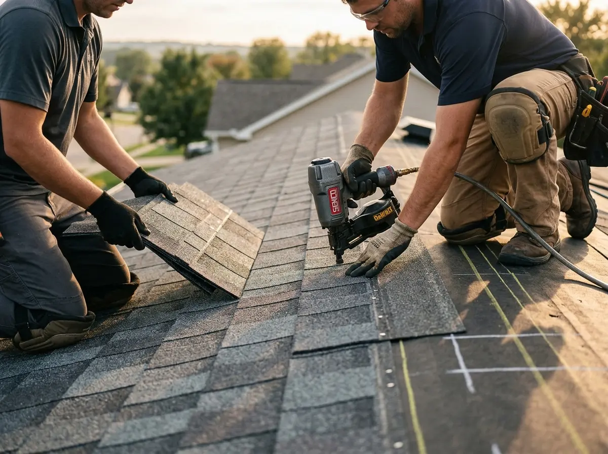 Professional roofer working on a residential roof in Rockland